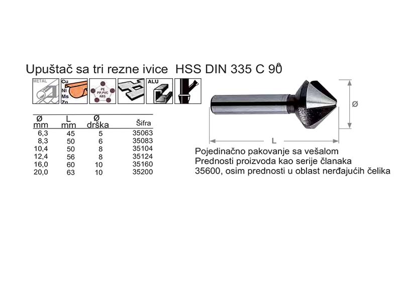 Upuštač sa tri rezne ivice HSS DIN 335 C 90