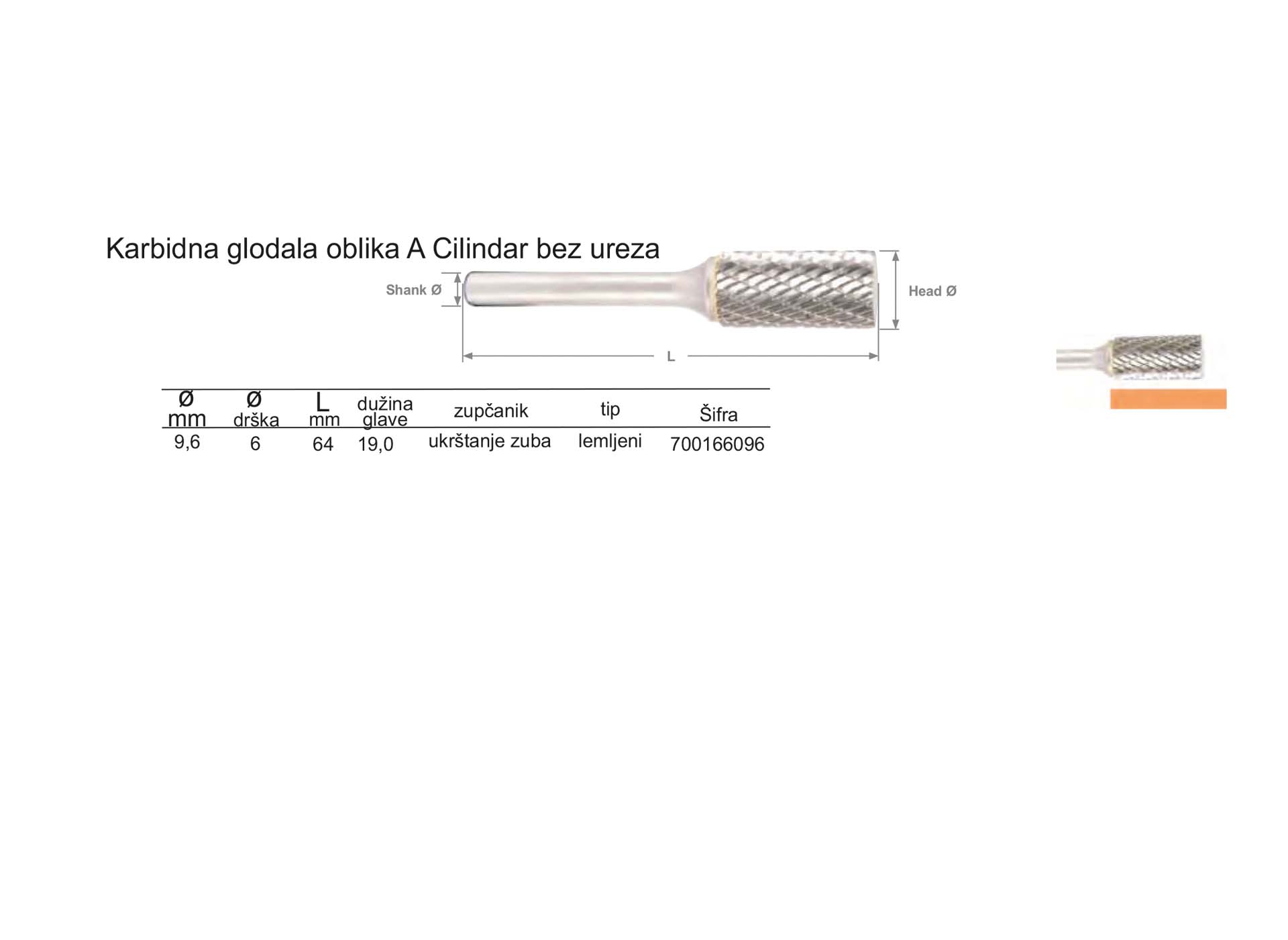 Karbidna glodala oblika A Cilindar bez ureza