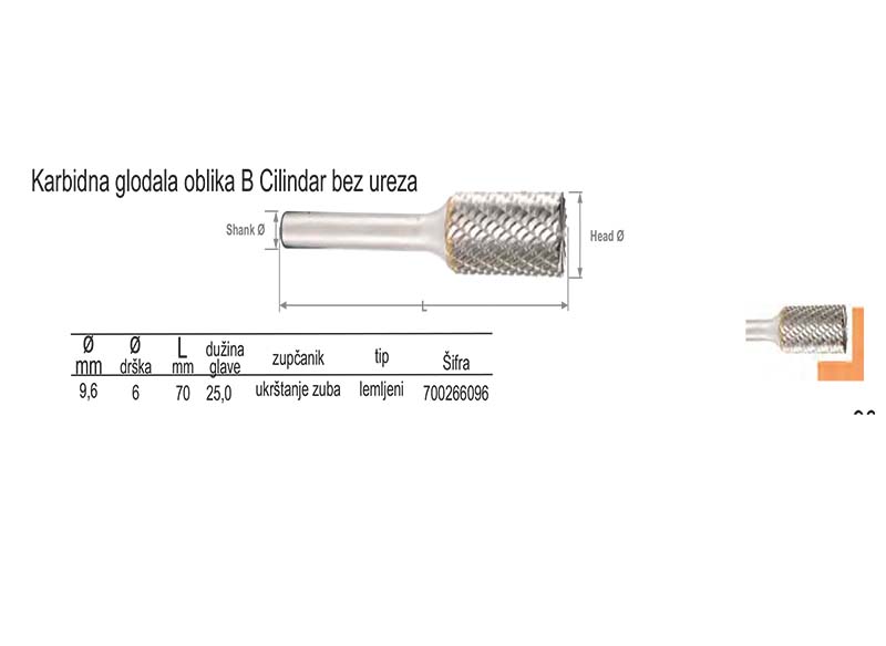 Karbidna glodala oblika B Cilindar bez ureza