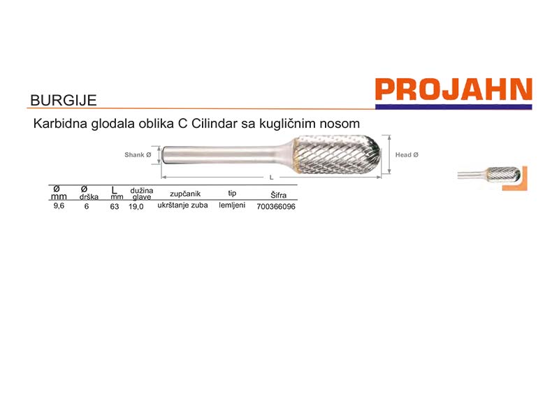 Karbidna glodala oblika C Cilindar sa kugličnim nosom