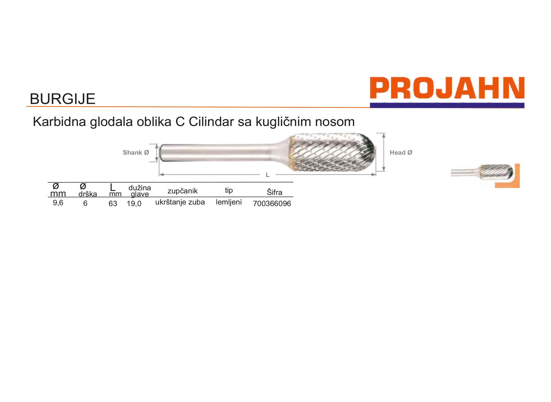 Karbidna glodala oblika C Cilindar sa kugličnim nosom