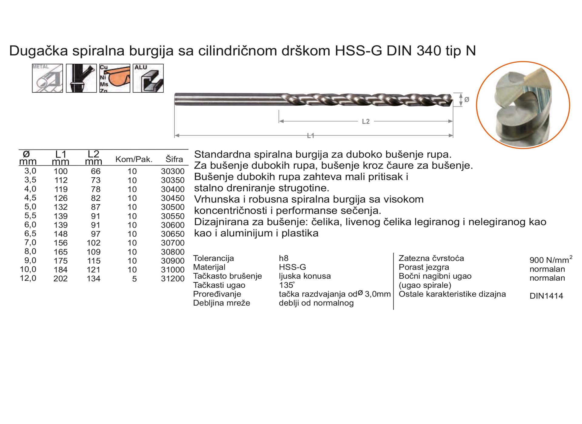 Dugačka spiralna burgija sa cilindričnom drškom HSS-G DIN 340 tip N