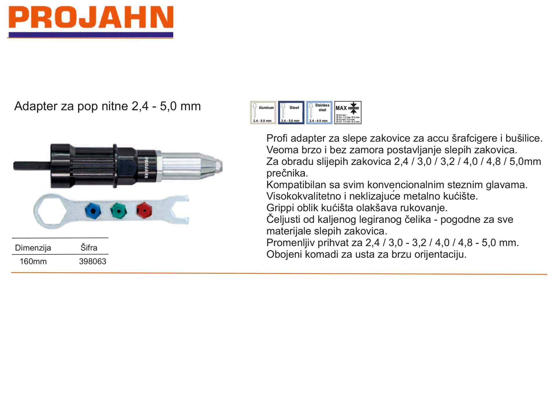 Adapter za pop nitne 2,4 - 5,0 mm