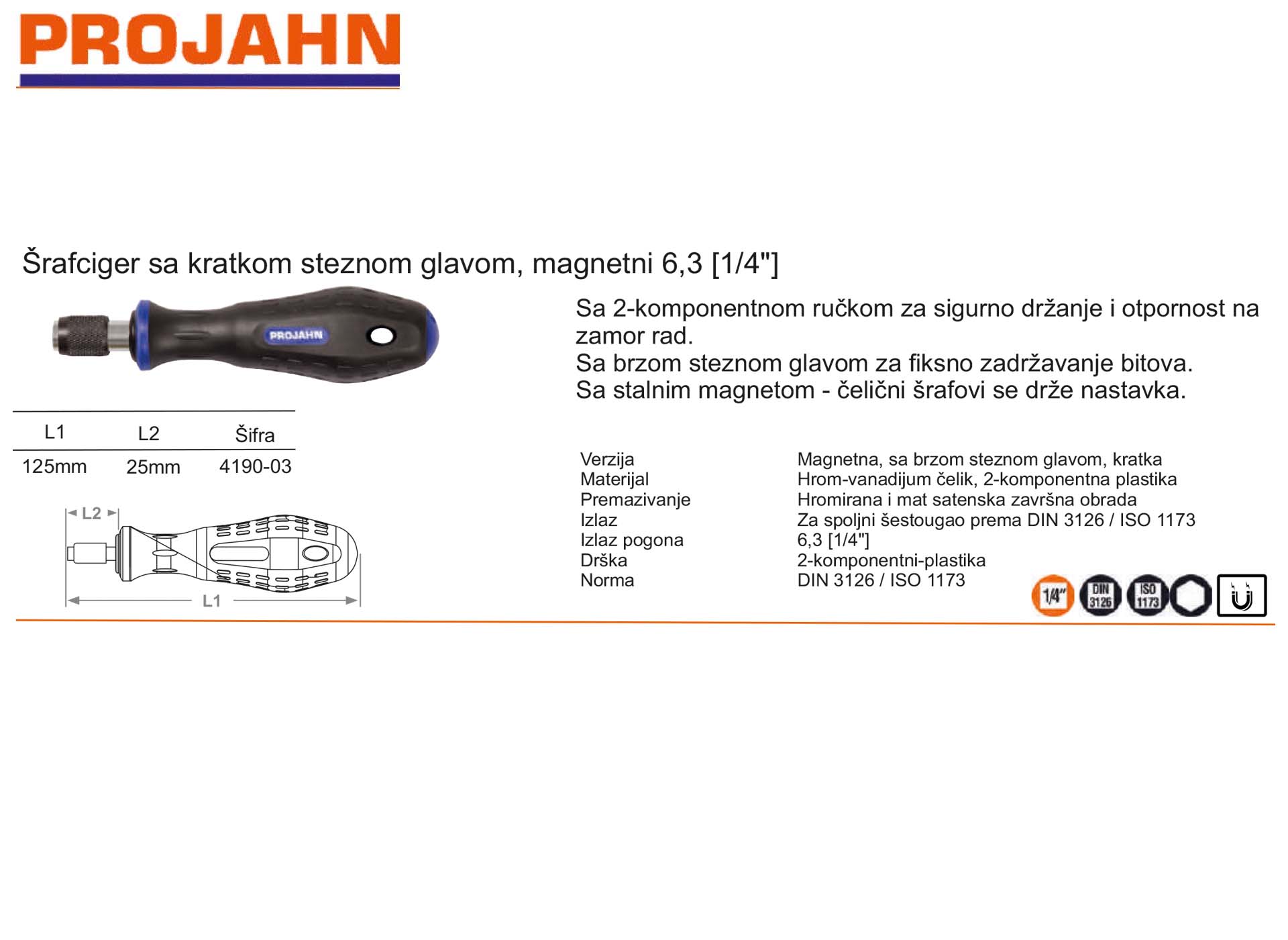 Šrafciger sa kratkom steznom glavom, magnetni 6,3