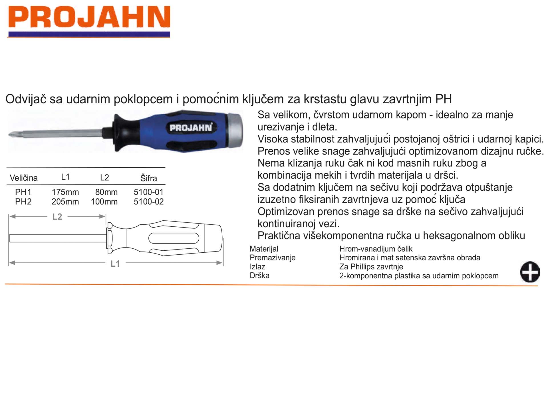 Odvijač sa udarnim poklopcem i pomoćnim ključem za krstastu glavu zavrtnjim PH