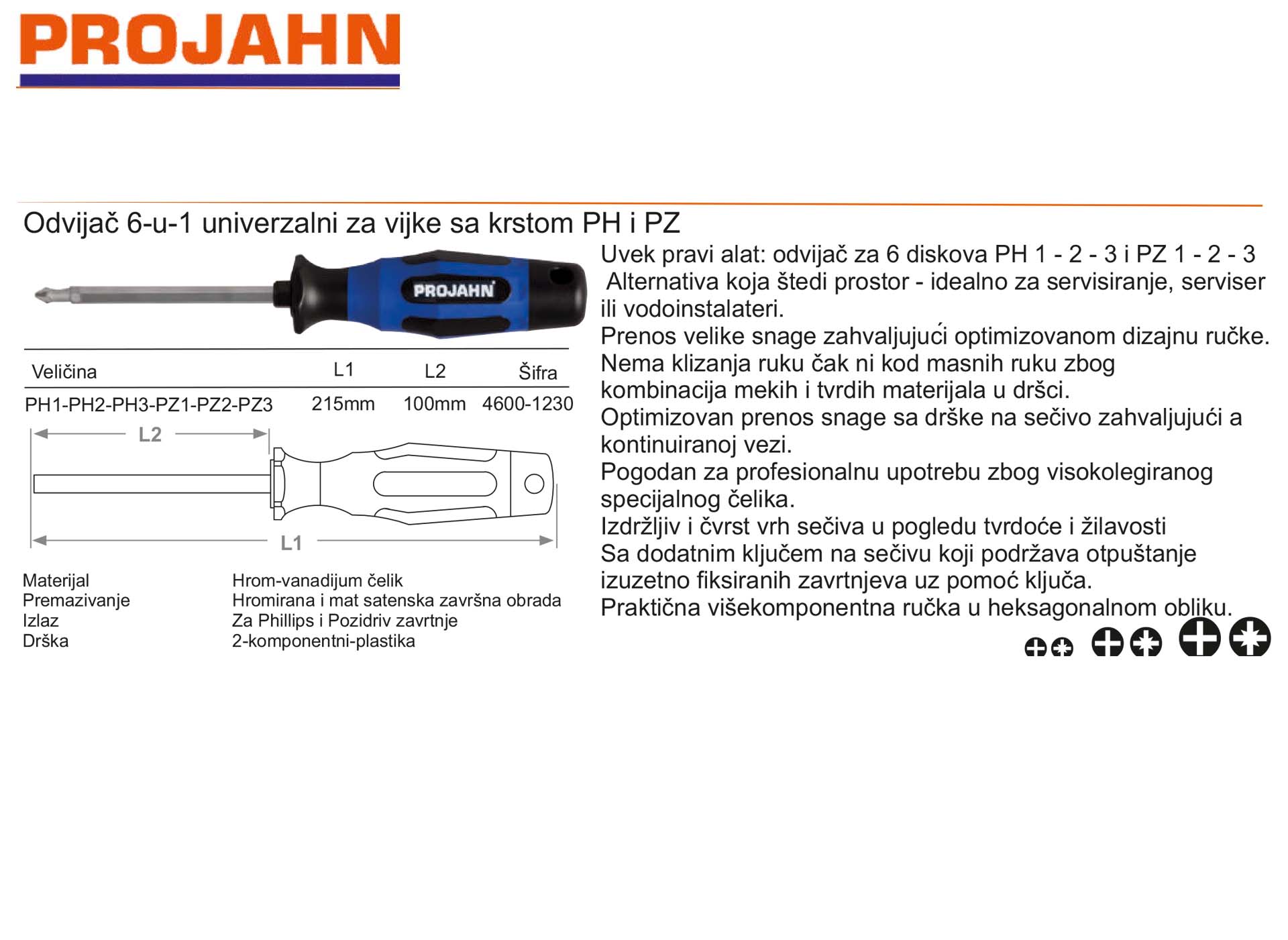 Odvijač 6-u-1 univerzalni za vijke sa krstom PH i PZ