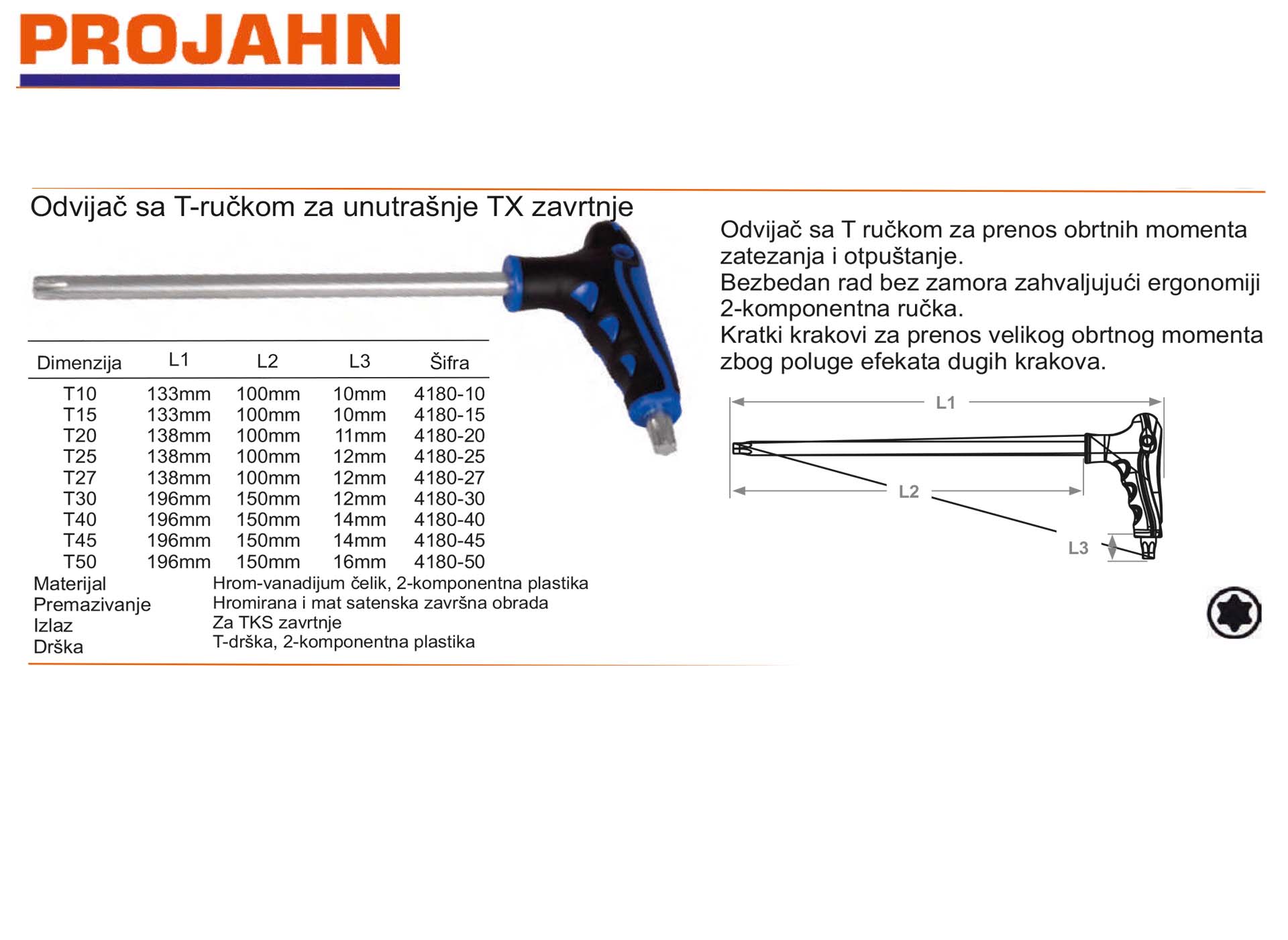 Odvijač sa T-ručkom za unutrašnje TX zavrtnje