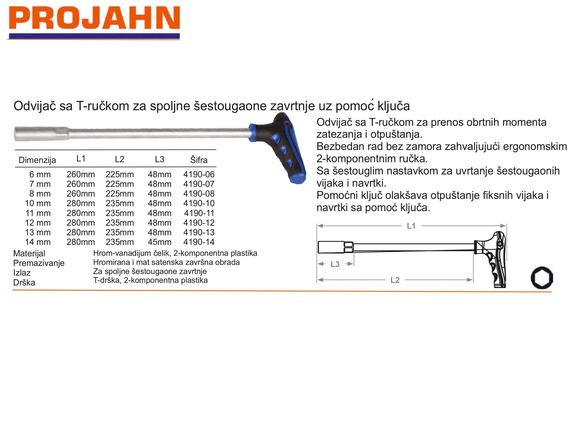  Odvijač sa T-ručkom za spoljne šestougaone zavrtnje uz pomoć ključa