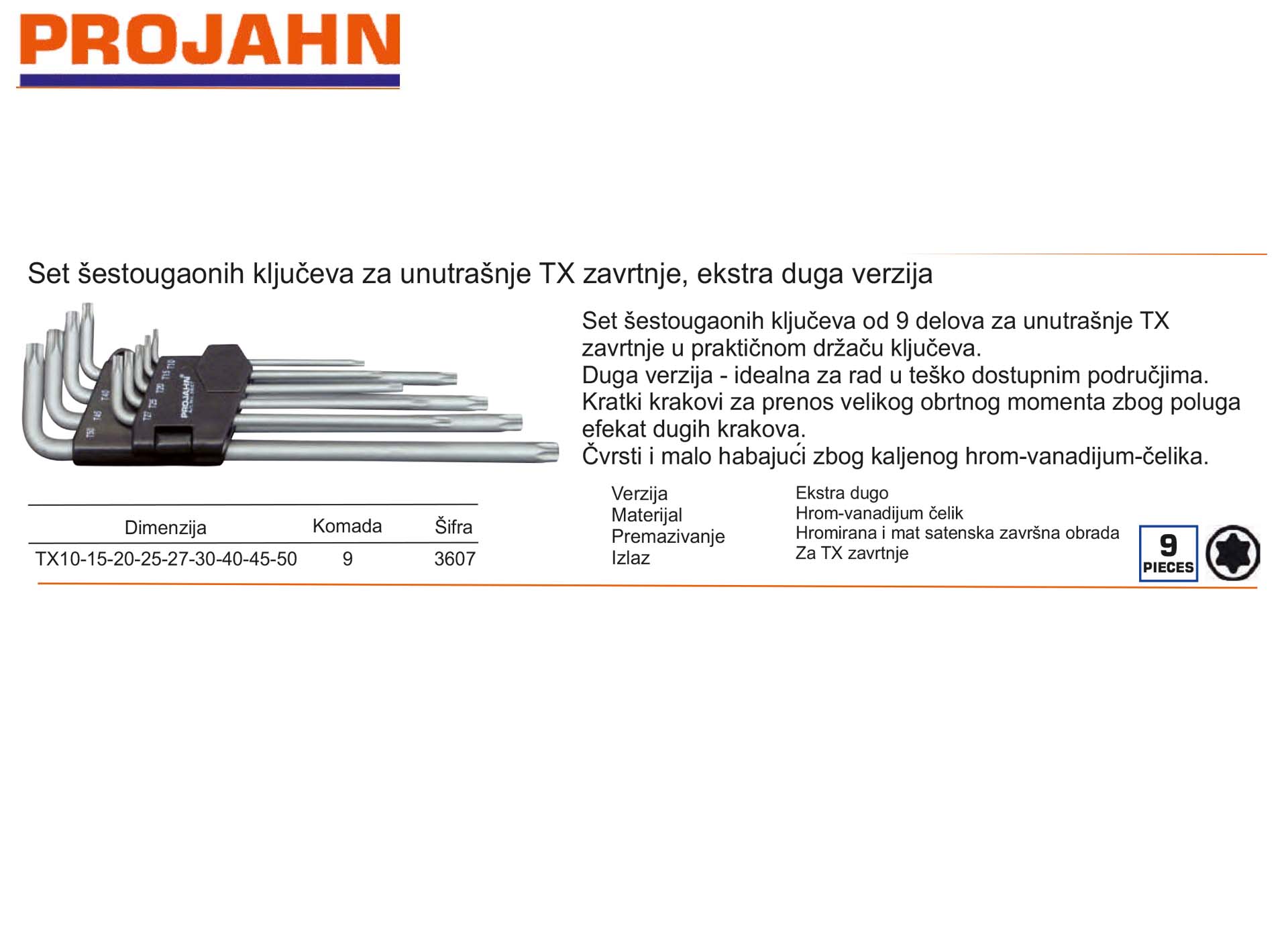 Set šestougaonih ključeva za unutrašnje TX zavrtnje, ekstra duga verzija