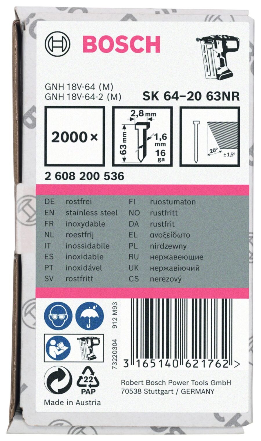 BOSCH Završni ekseri 1,6/16 g pod uglom od 20° - nerđajuća verzija 2608200536 - 2