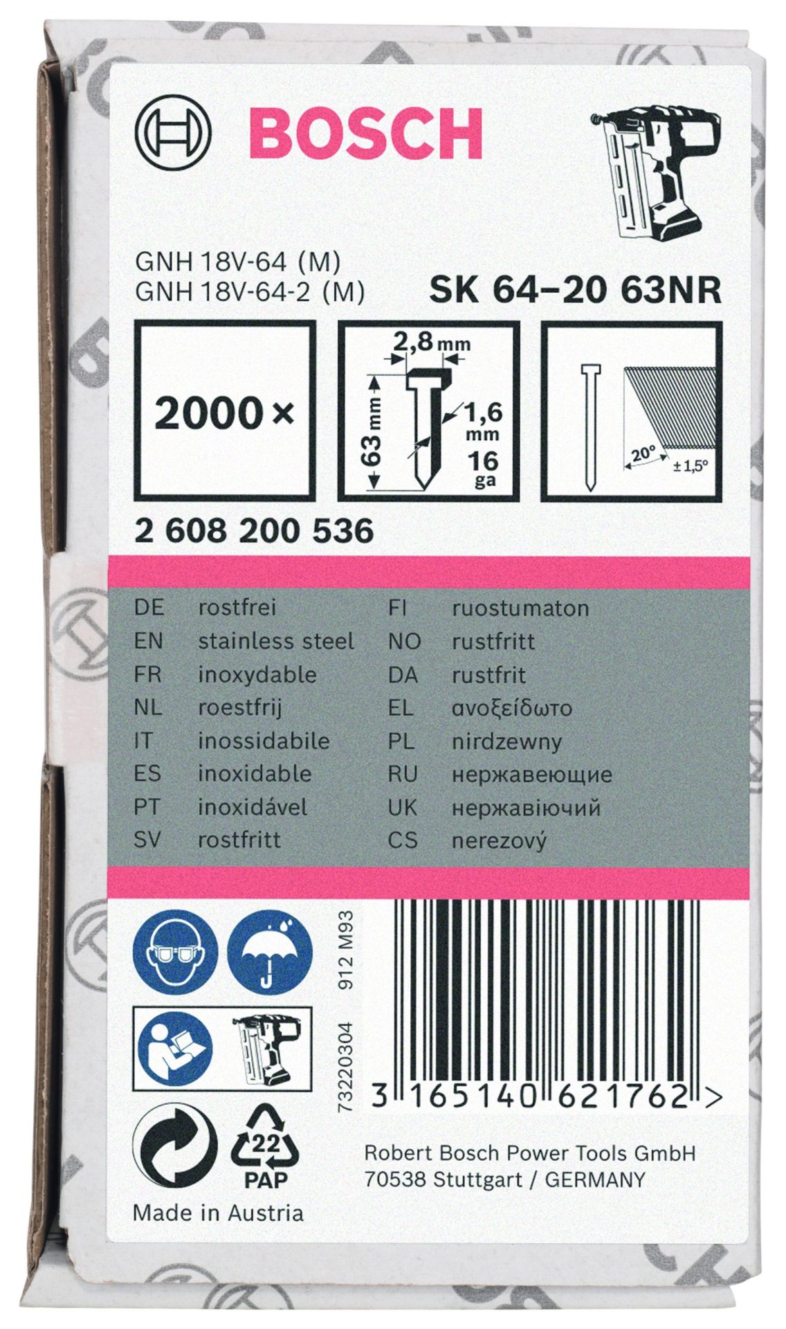 BOSCH Završni ekseri 1,6/16 g pod uglom od 20° - nerđajuća verzija 2608200536 - 2