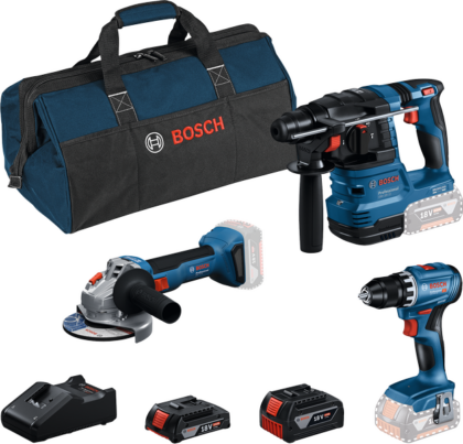 BOSCH Komplet od 3 alata od 18 V: GSR 18V-45 + GBH 18V-22 + GWS 18V-8 + GBA 2.0 Ah + GBA 4.0 Ah + GAL 18V-40 + torba 0615A50061 - 1